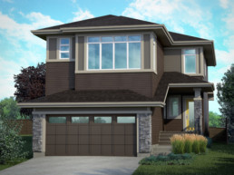 Brown siding with grey stone home. Daytona Everest showhome in Jensen Lakes Community St. Albert.