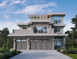 The Okanagan showhome by Kimberley homes. Multi level home with stone exterior and balconies.